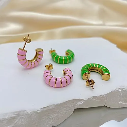 Chunky Gold Hoop Earrings for Women, Trendy Pink/Purple/White/Green Huggie Earrings, Lightweight & Hypoallergenic Titanium Steel Gold Plated Jewelry (pink)