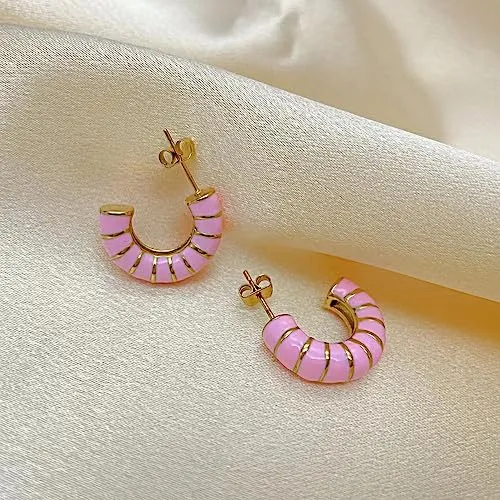 Chunky Gold Hoop Earrings for Women, Trendy Pink/Purple/White/Green Huggie Earrings, Lightweight & Hypoallergenic Titanium Steel Gold Plated Jewelry (pink)