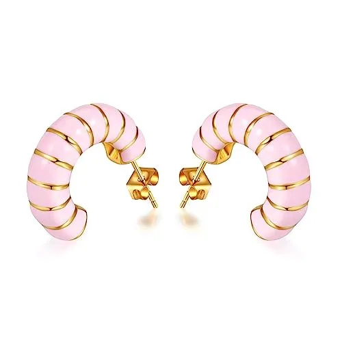 Chunky Gold Hoop Earrings for Women, Trendy Pink/Purple/White/Green Huggie Earrings, Lightweight & Hypoallergenic Titanium Steel Gold Plated Jewelry (pink)