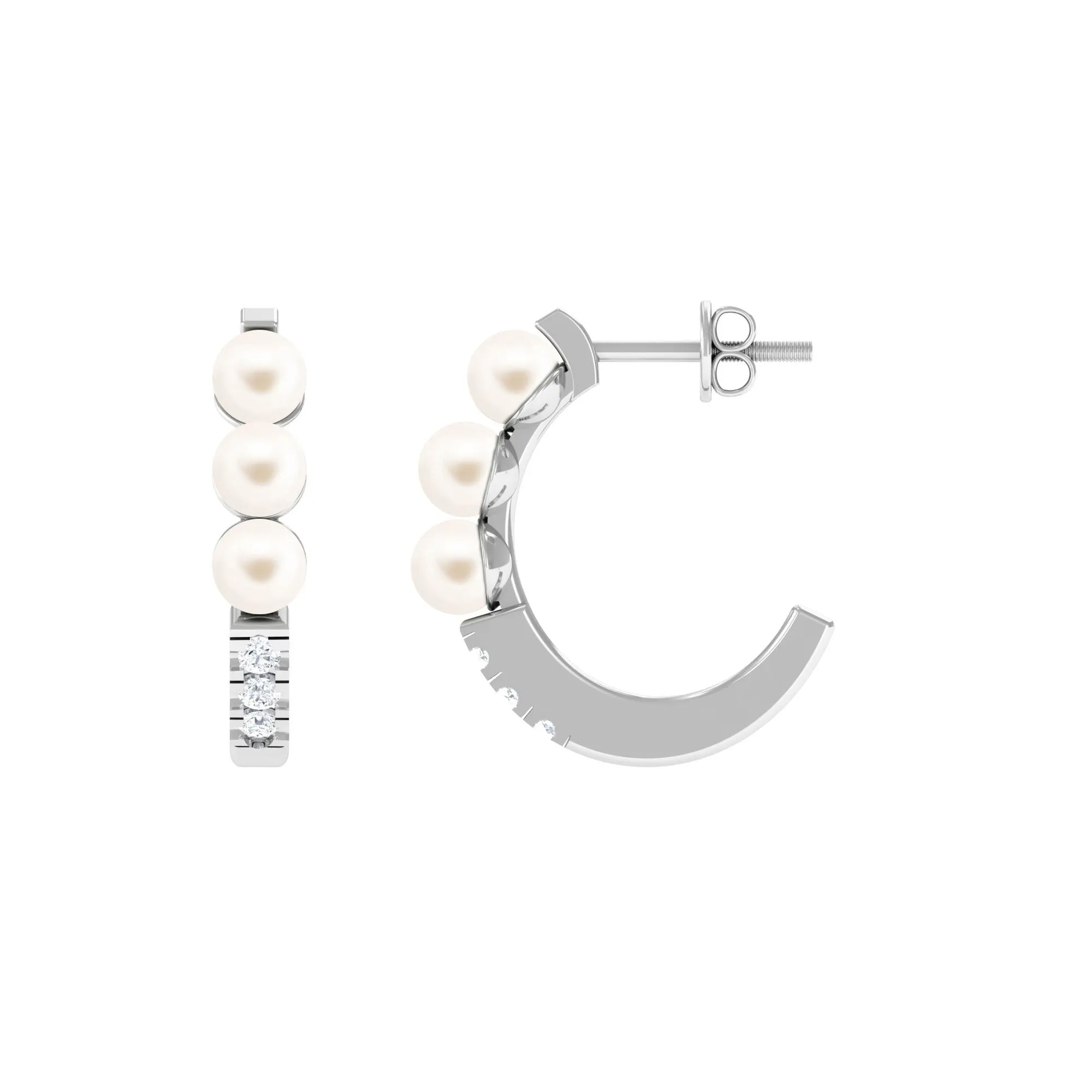 Classic Freshwater Pearl Half Hoop Earrings with Diamond