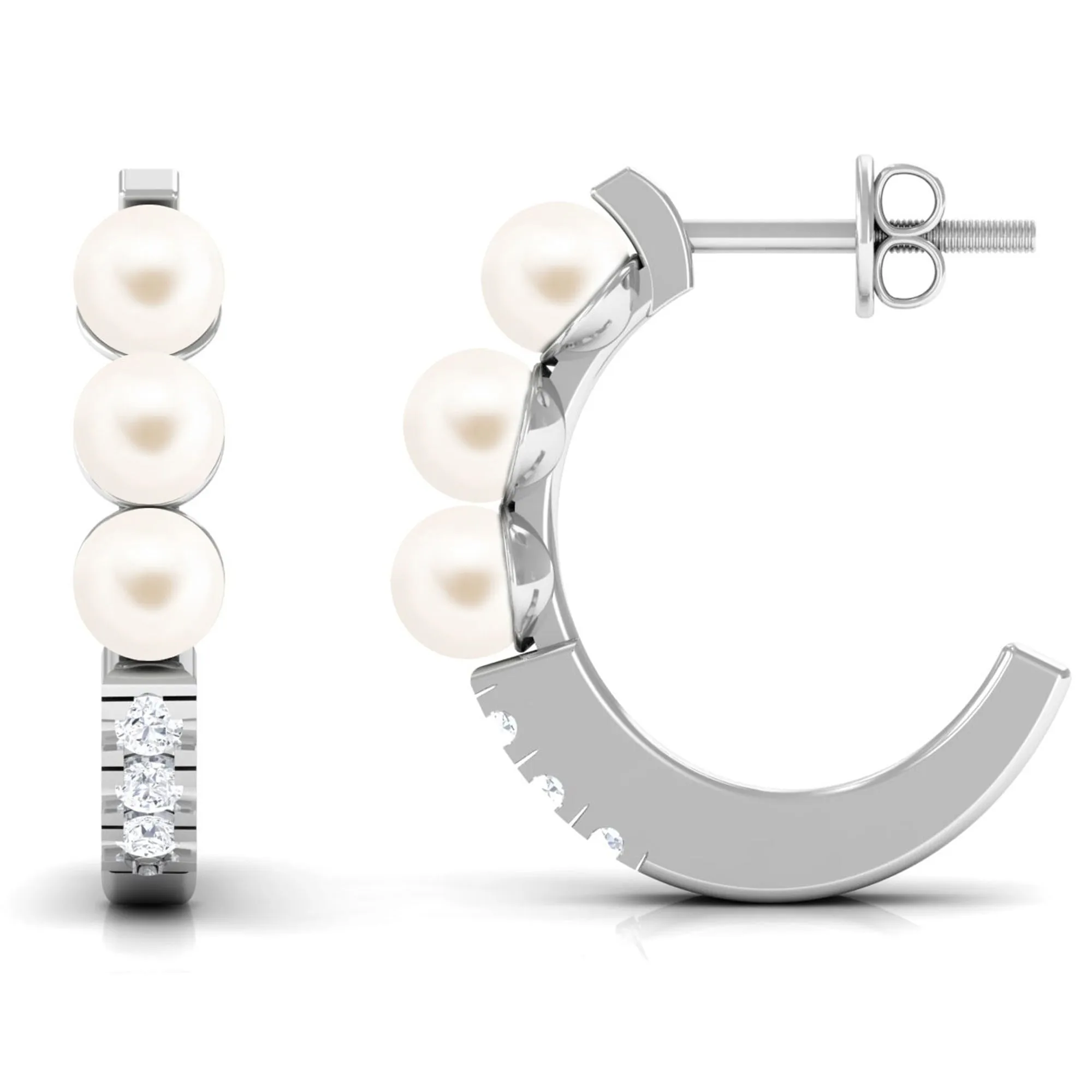 Classic Freshwater Pearl Half Hoop Earrings with Diamond