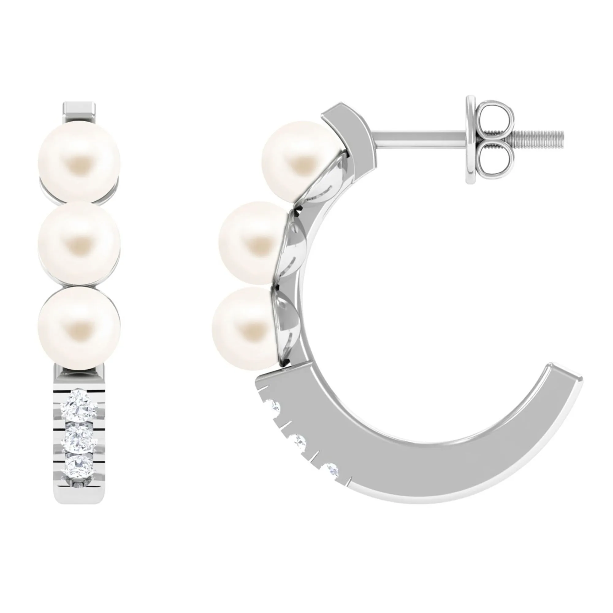 Classic Freshwater Pearl Half Hoop Earrings with Diamond