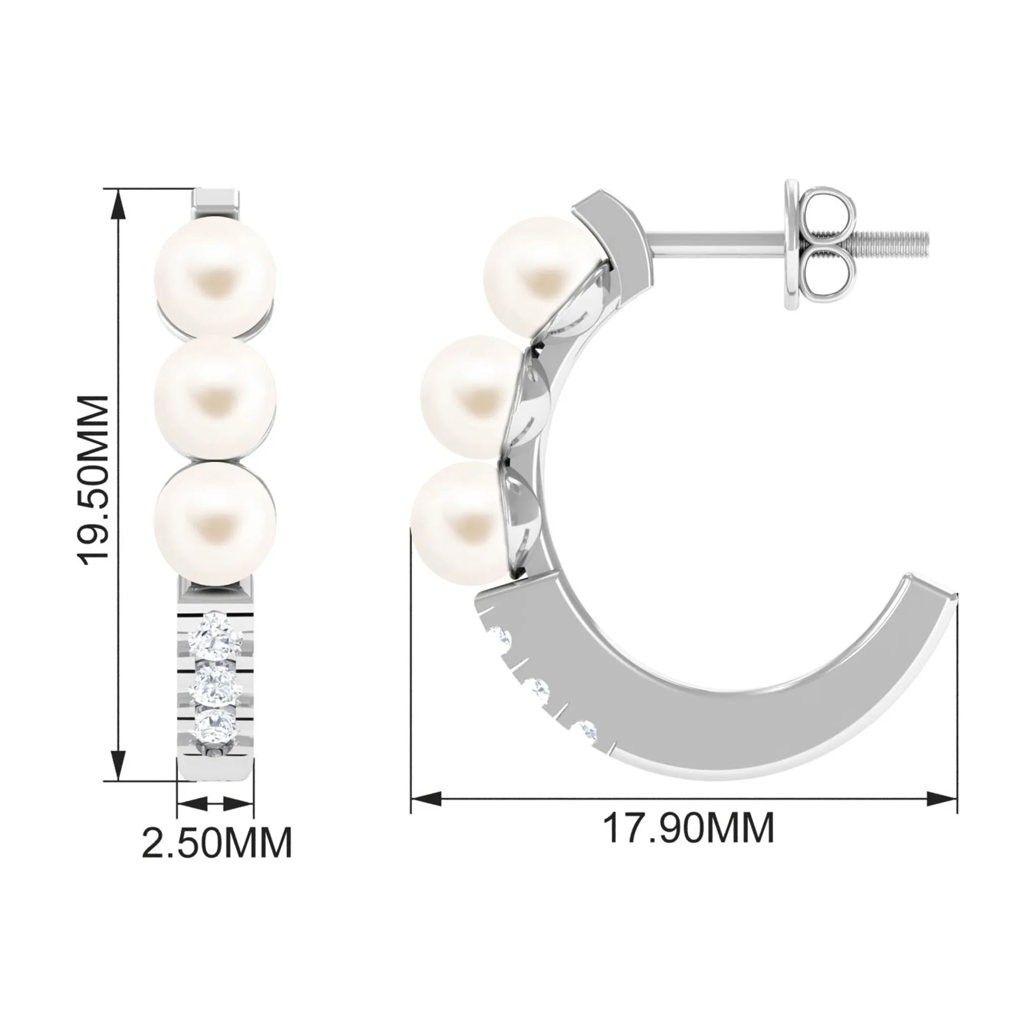 Classic Freshwater Pearl Half Hoop Earrings with Diamond