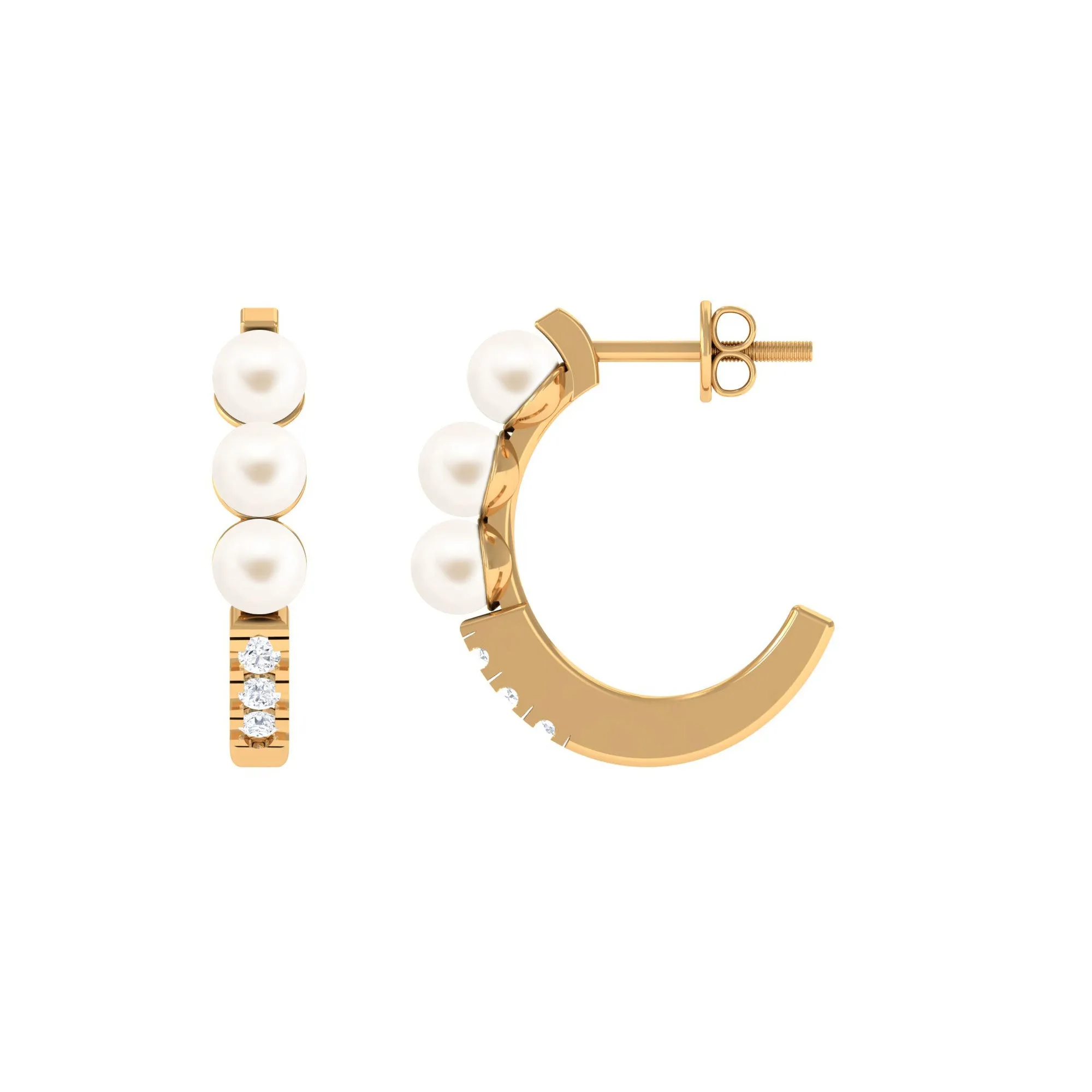 Classic Freshwater Pearl Half Hoop Earrings with Diamond