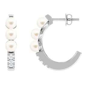 Classic Freshwater Pearl Half Hoop Earrings with Diamond