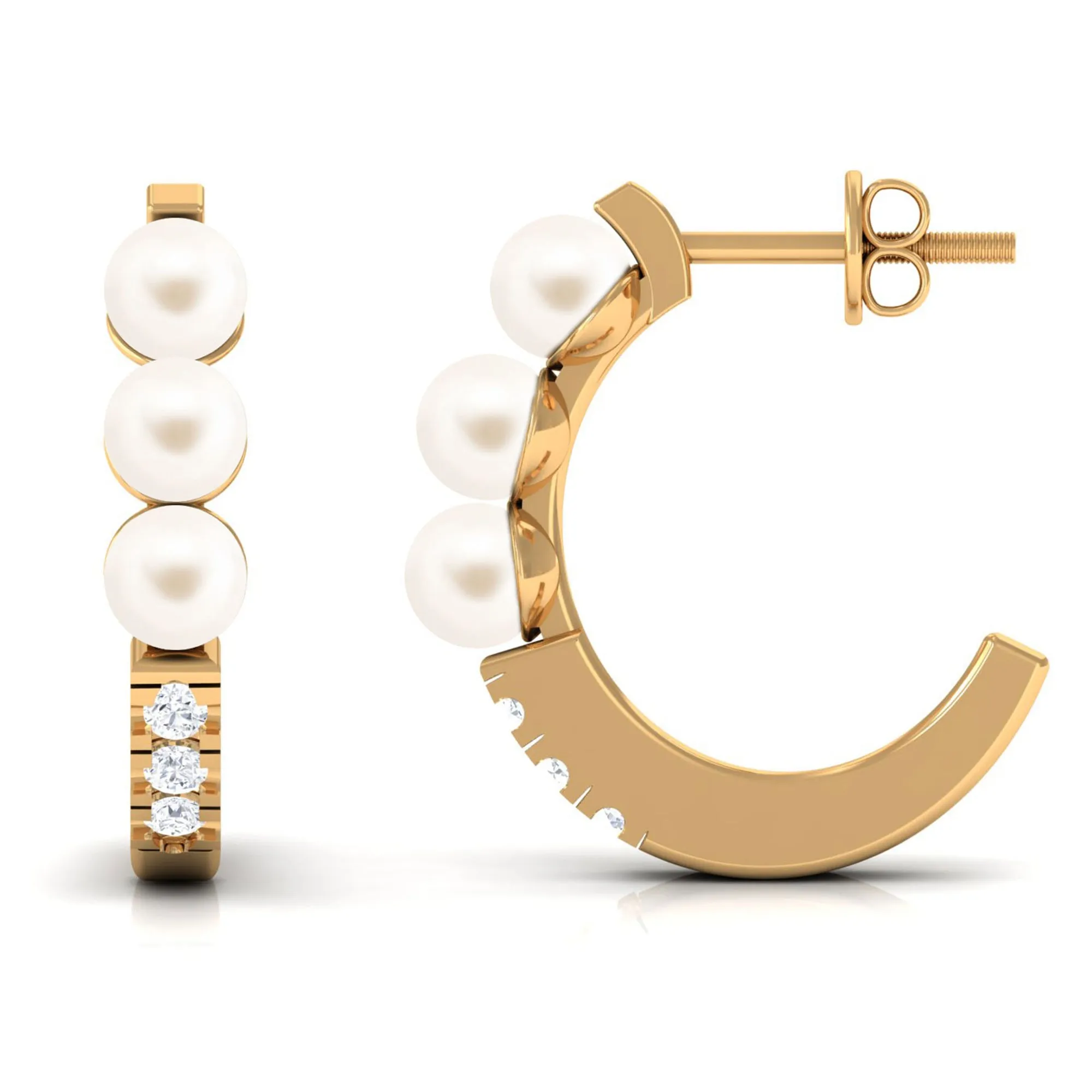 Classic Freshwater Pearl Half Hoop Earrings with Diamond