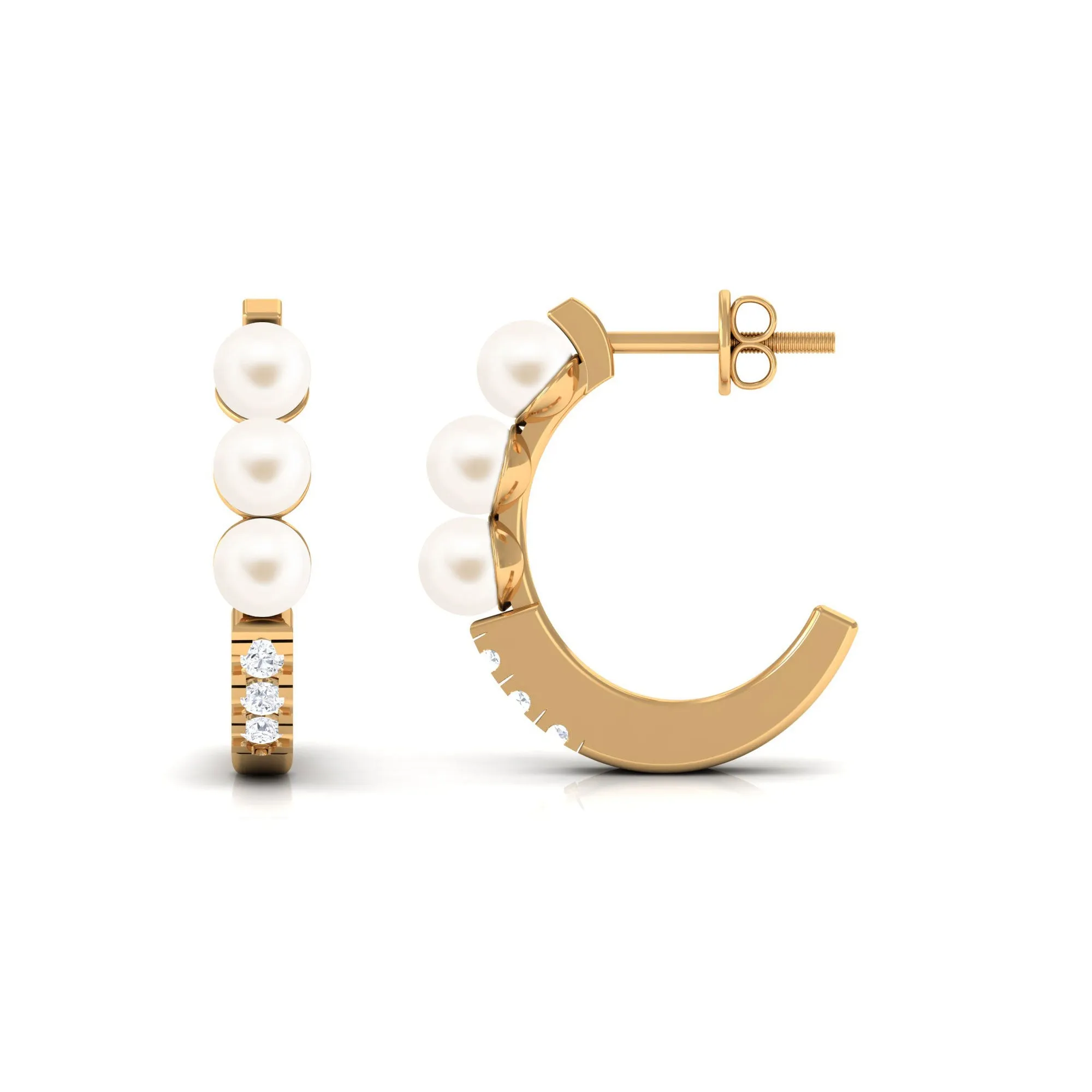 Classic Freshwater Pearl Half Hoop Earrings with Diamond