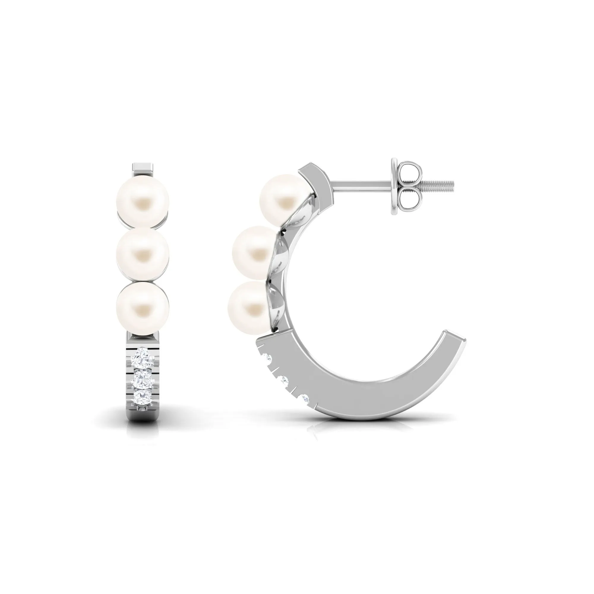 Classic Freshwater Pearl Half Hoop Earrings with Diamond