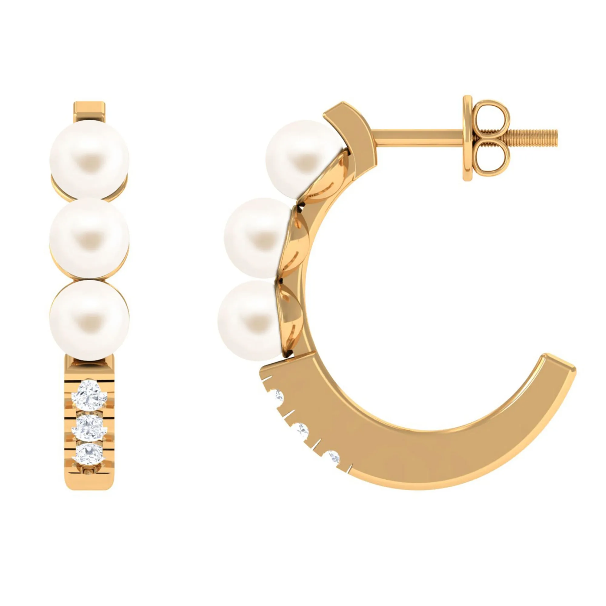Classic Freshwater Pearl Half Hoop Earrings with Diamond