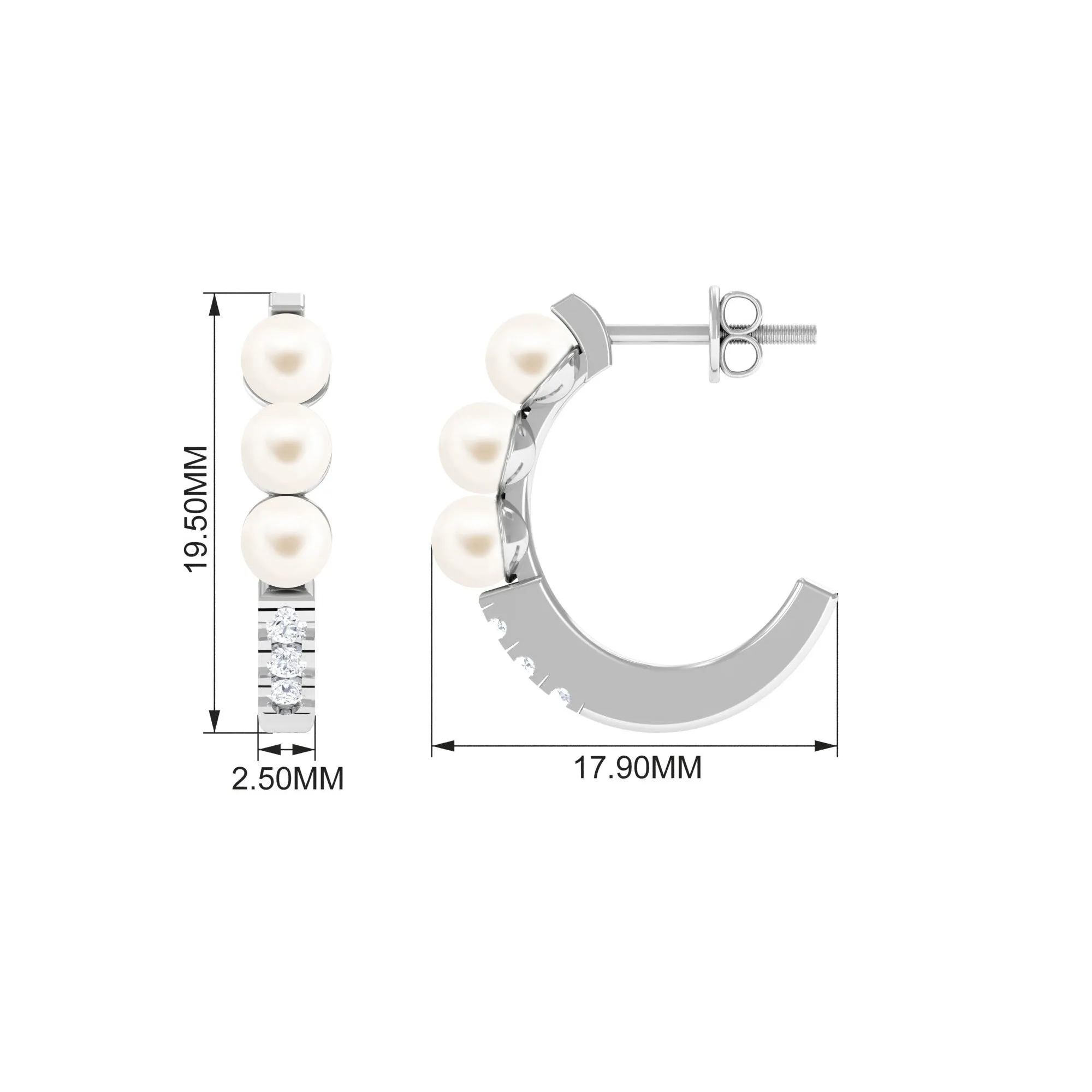 Classic Freshwater Pearl Half Hoop Earrings with Diamond