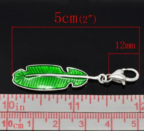 Clip on Feather Charm Pendant for European Jewelry w/ Lobster Clasp