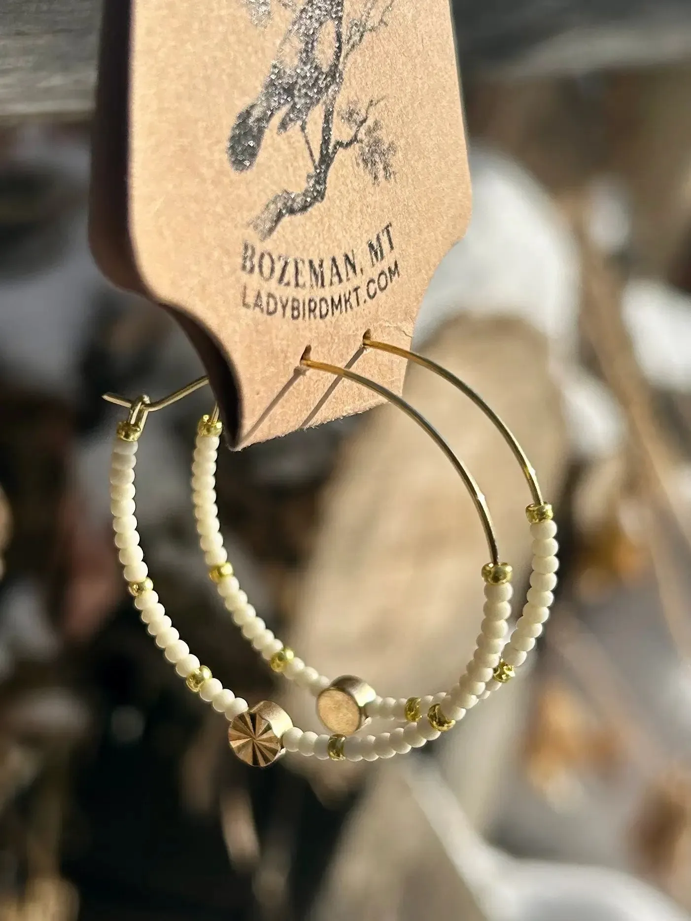 Creamy White & Gold Star Beaded Hoops