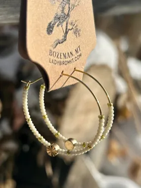 Creamy White & Gold Star Beaded Hoops