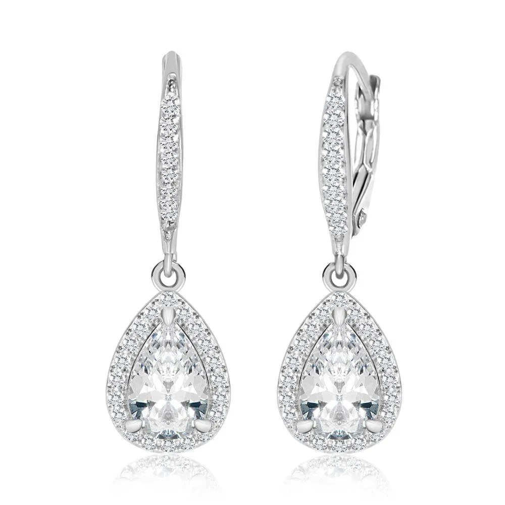 Crystal Tear Drop White Gold Palladium Girl's Leverback Earrings