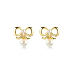 Delicate Bow Pearl Dangle Stud Earrings
