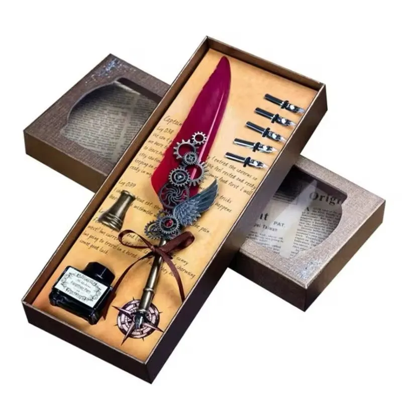 Deluxe Gift Boxed Retro Feather Calligraphy Dip Quill Pen Set - Burgundy Goose Flight Wing