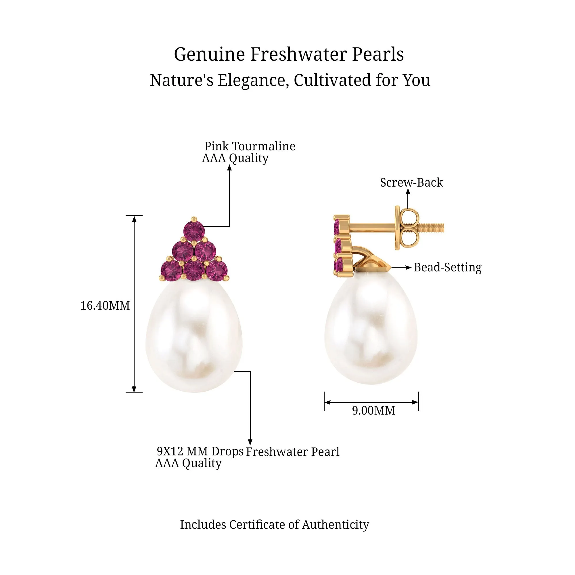 Elegant Drop Shape White Pearl Drop Earrings with Tourmaline