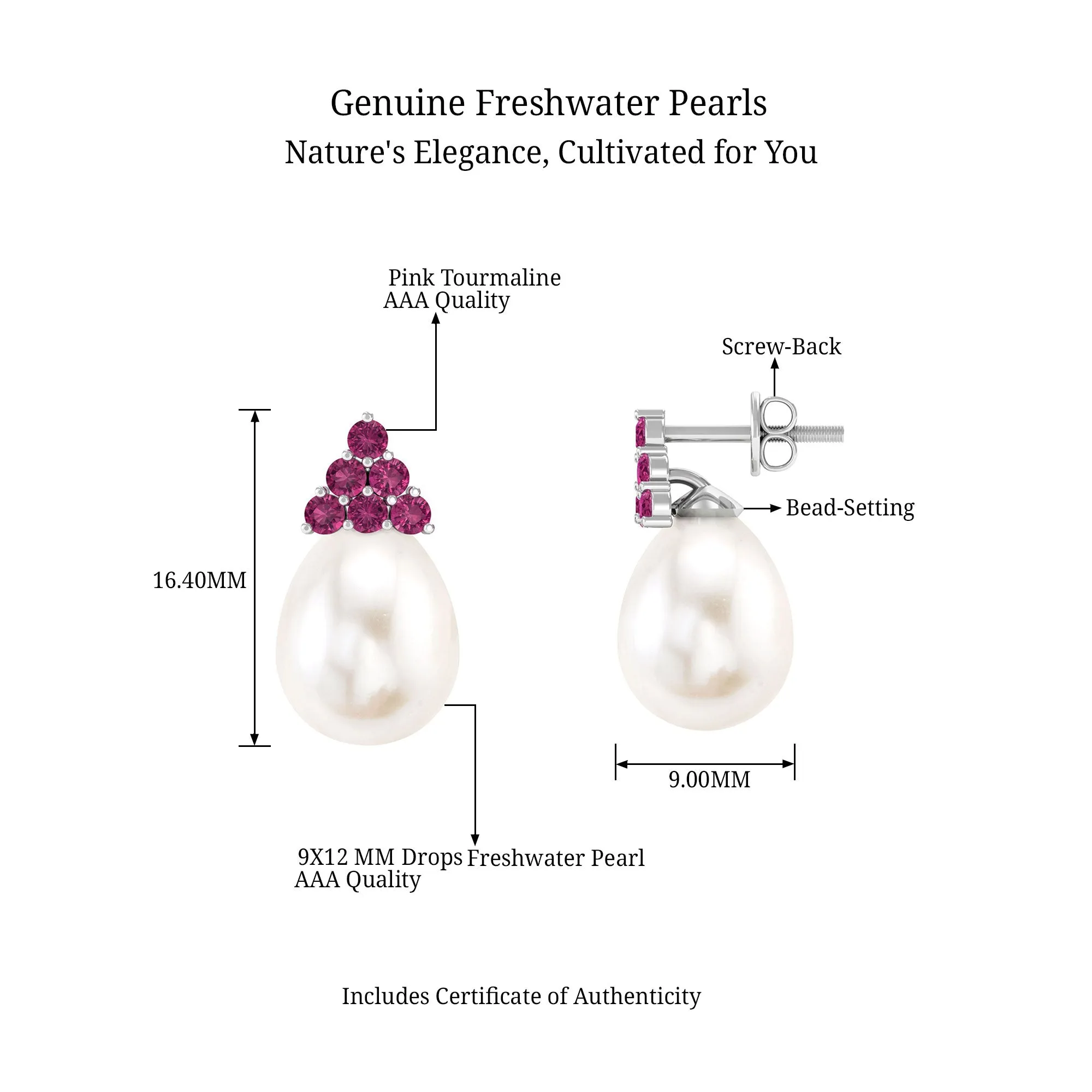 Elegant Drop Shape White Pearl Drop Earrings with Tourmaline