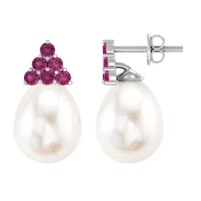 Elegant Drop Shape White Pearl Drop Earrings with Tourmaline