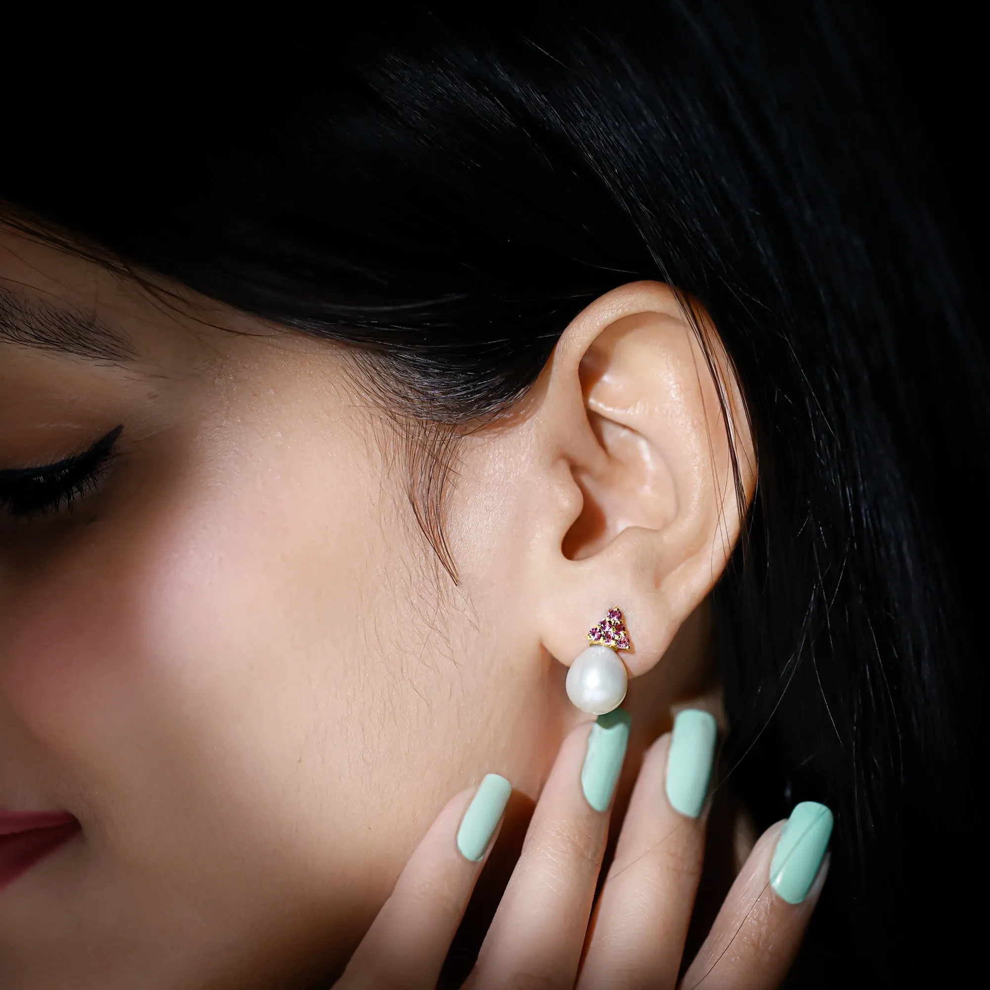 Elegant Drop Shape White Pearl Drop Earrings with Tourmaline