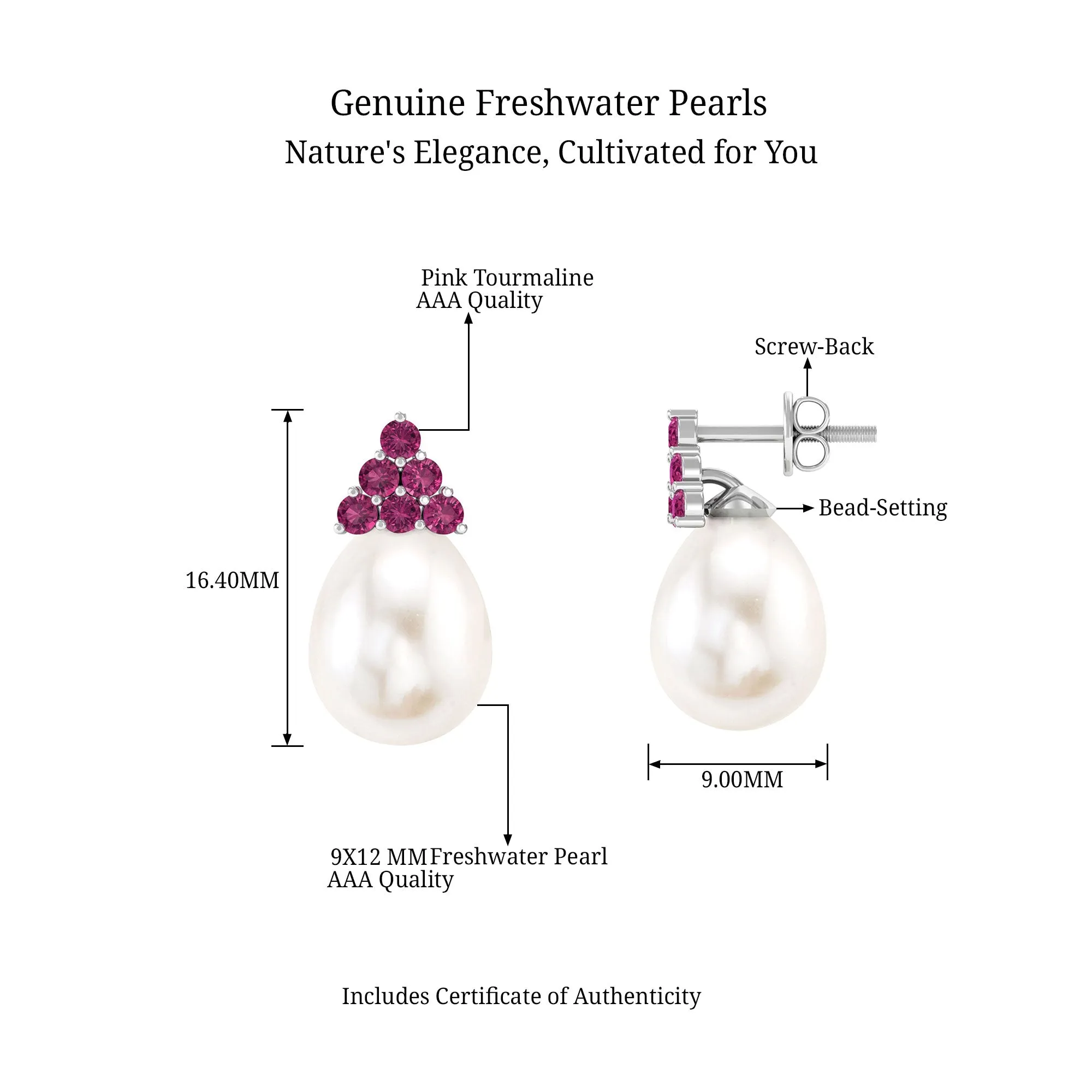 Elegant Drop Shape White Pearl Drop Earrings with Tourmaline