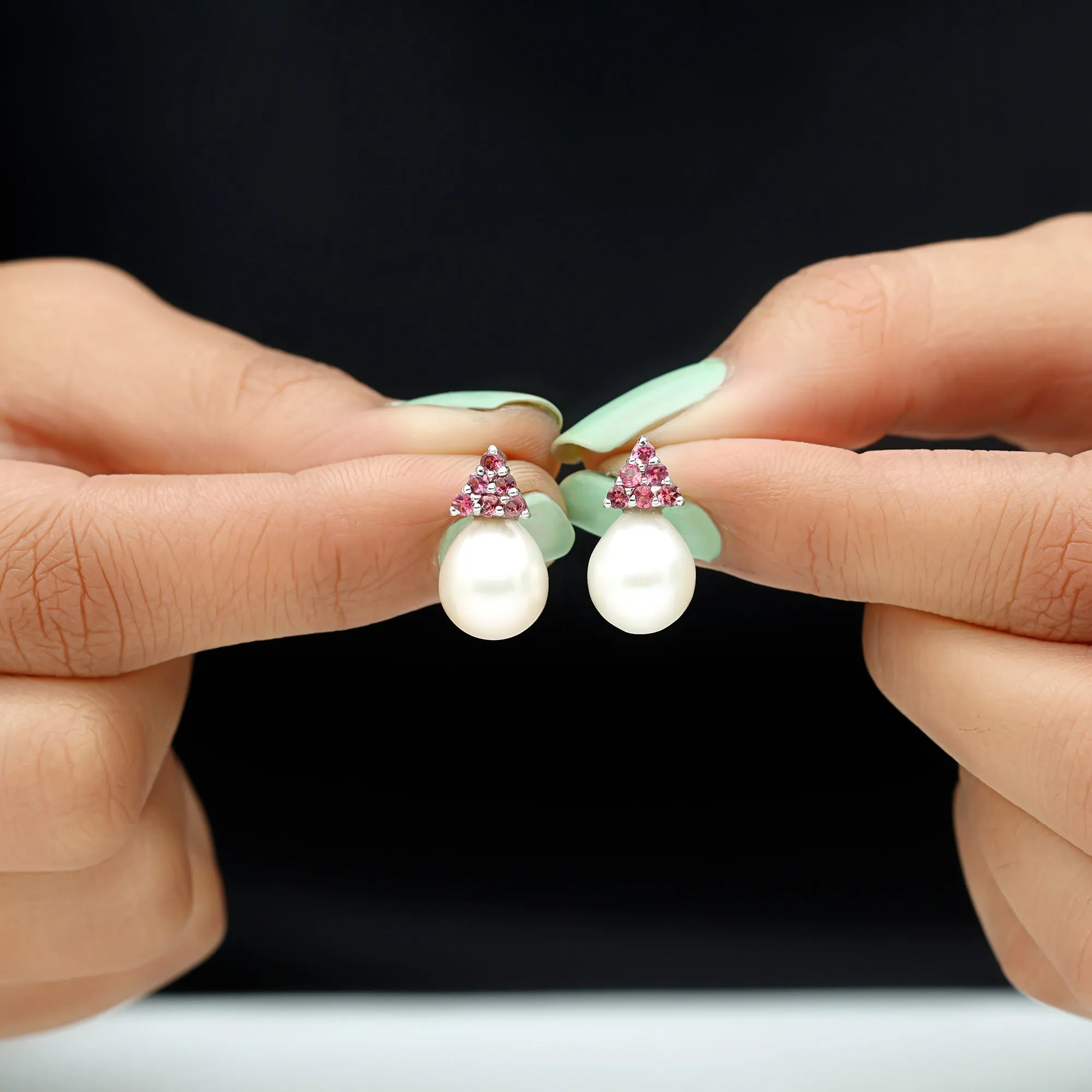 Elegant Drop Shape White Pearl Drop Earrings with Tourmaline