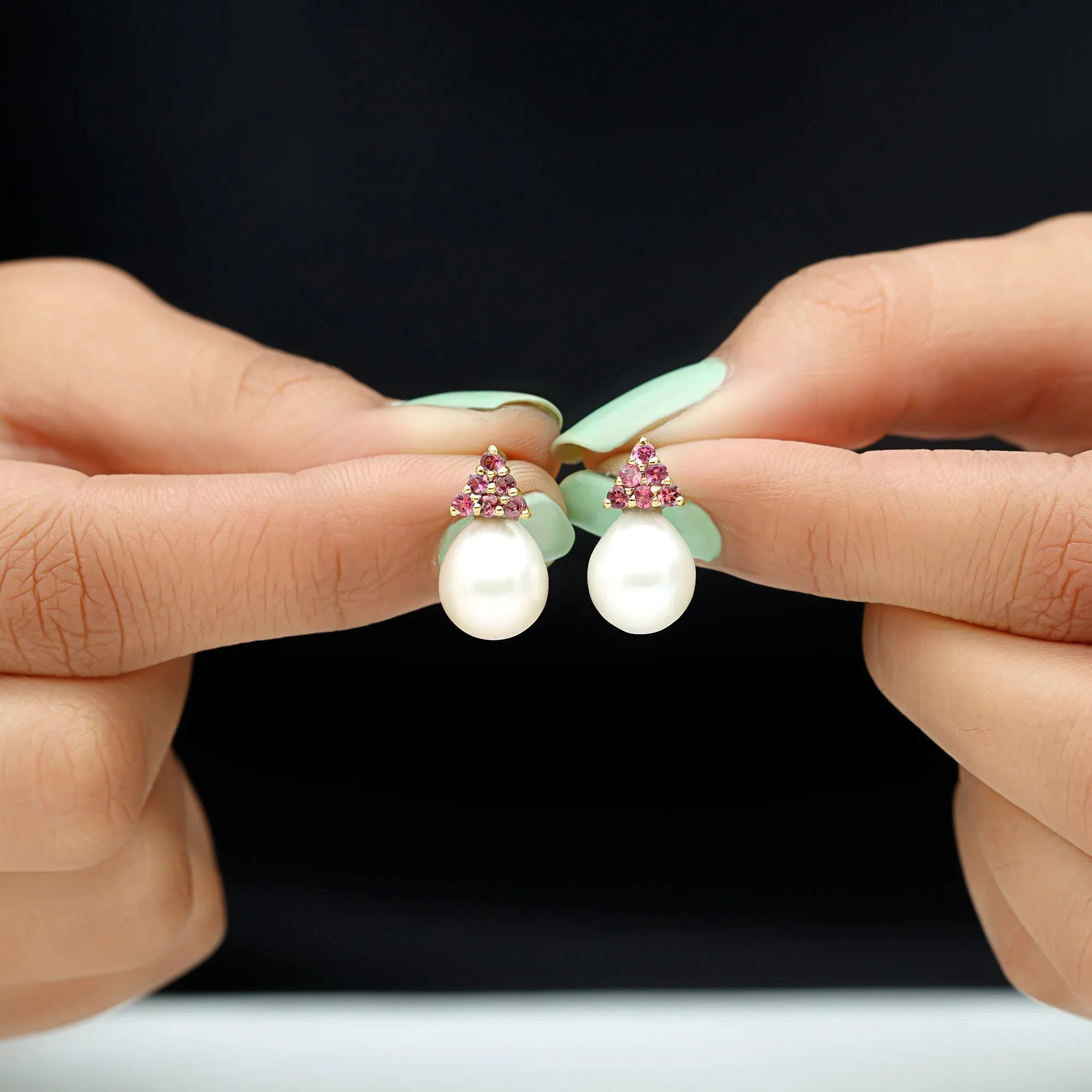 Elegant Drop Shape White Pearl Drop Earrings with Tourmaline