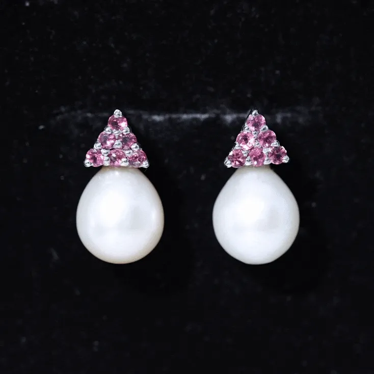 Elegant Drop Shape White Pearl Drop Earrings with Tourmaline