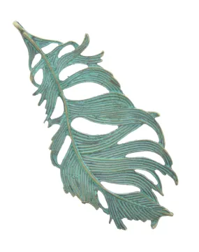 Feather Pendant or Char, 86mm (3.25") verdigris green turquoise patina, top loop, 1 each