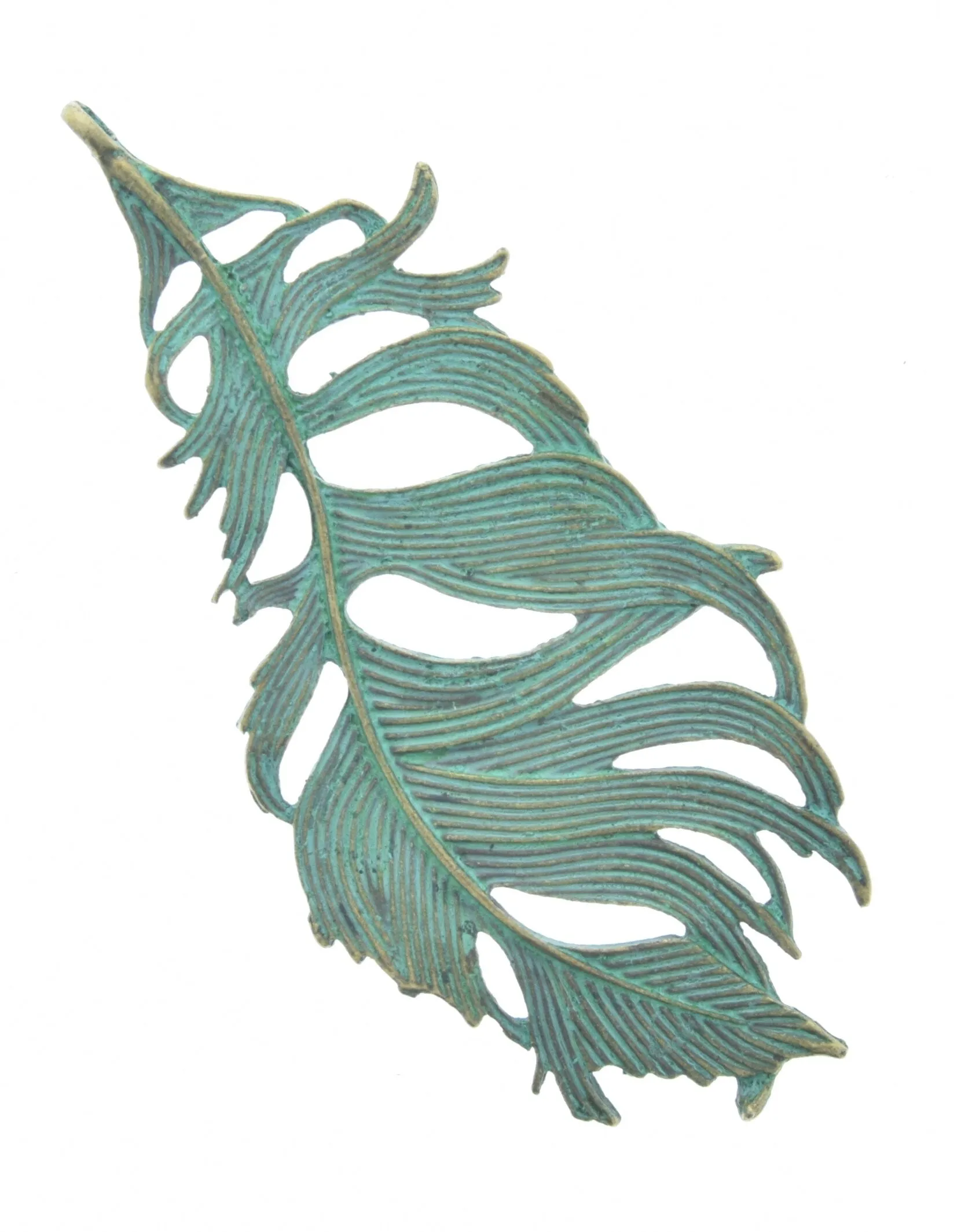 Feather Pendant or Char, 86mm (3.25") verdigris green turquoise patina, top loop, 1 each