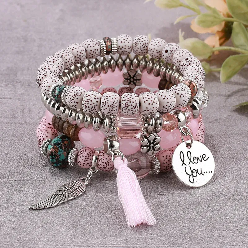 Feather Tassel Stone Beads Bracelet Set for Women