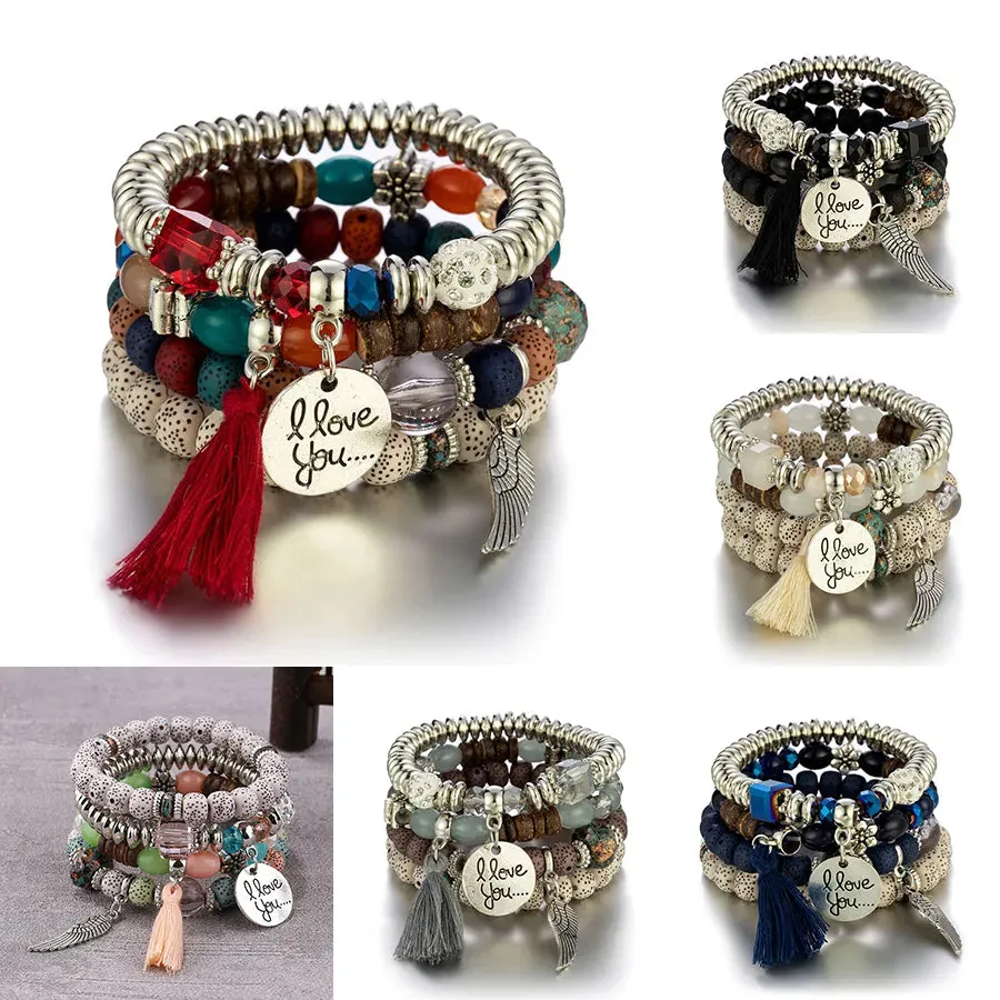 Feather Tassel Stone Beads Bracelet Set for Women