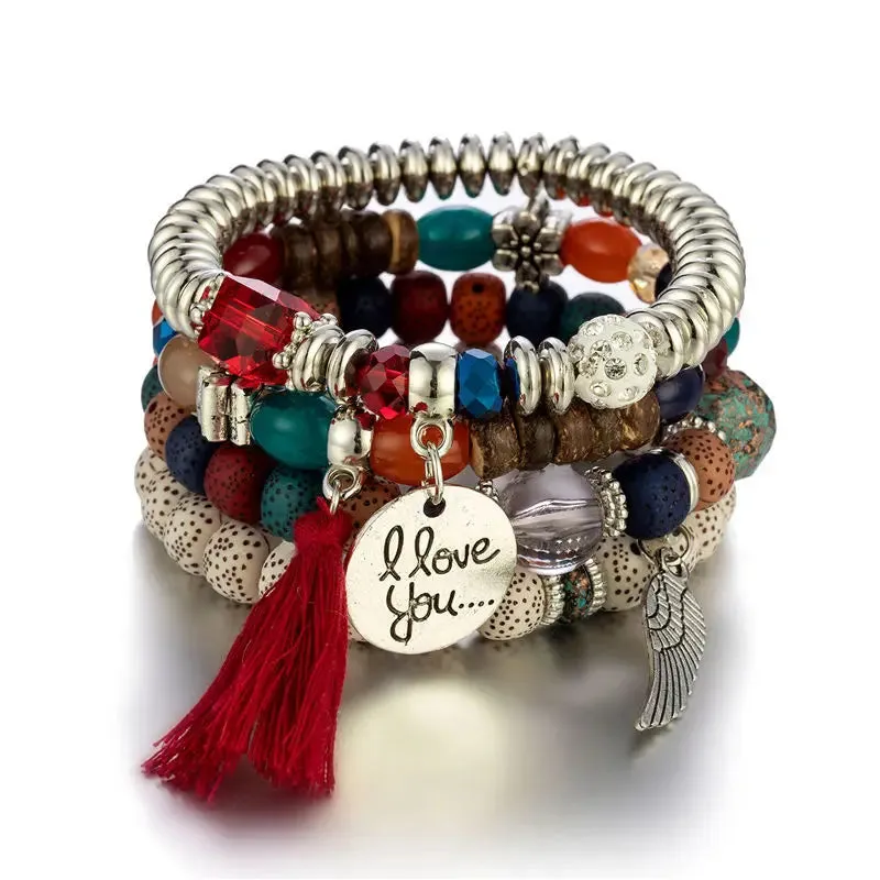 Feather Tassel Stone Beads Bracelet Set for Women
