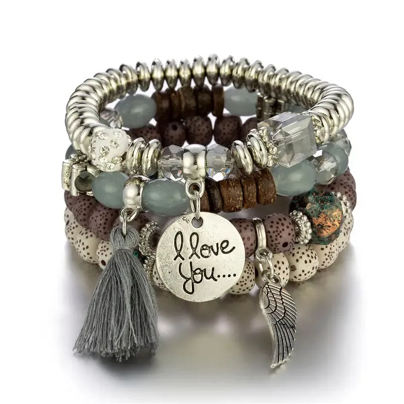 Feather Tassel Stone Beads Bracelet Set for Women