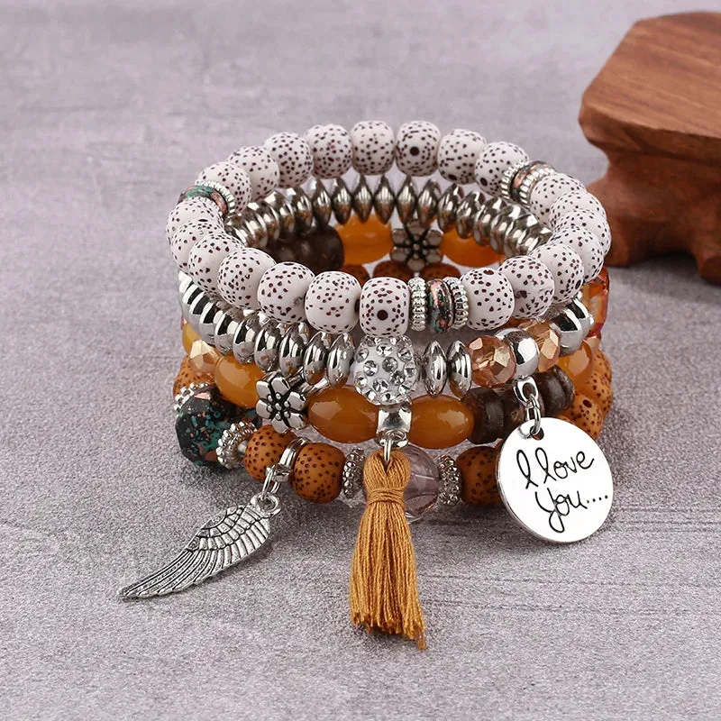 Feather Tassel Stone Beads Bracelet Set for Women