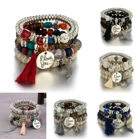Feather Tassel Stone Beads Bracelet Set for Women
