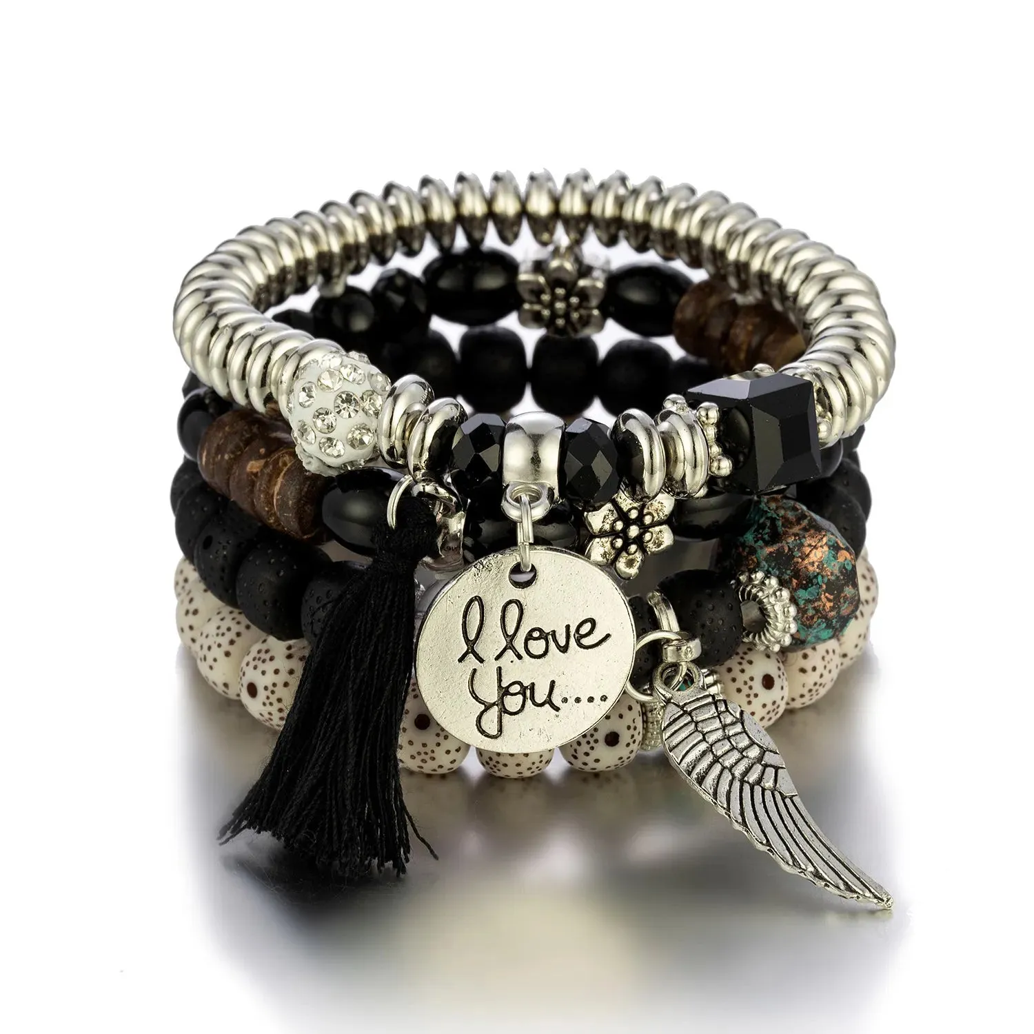 Feather Tassel Stone Beads Bracelet Set for Women