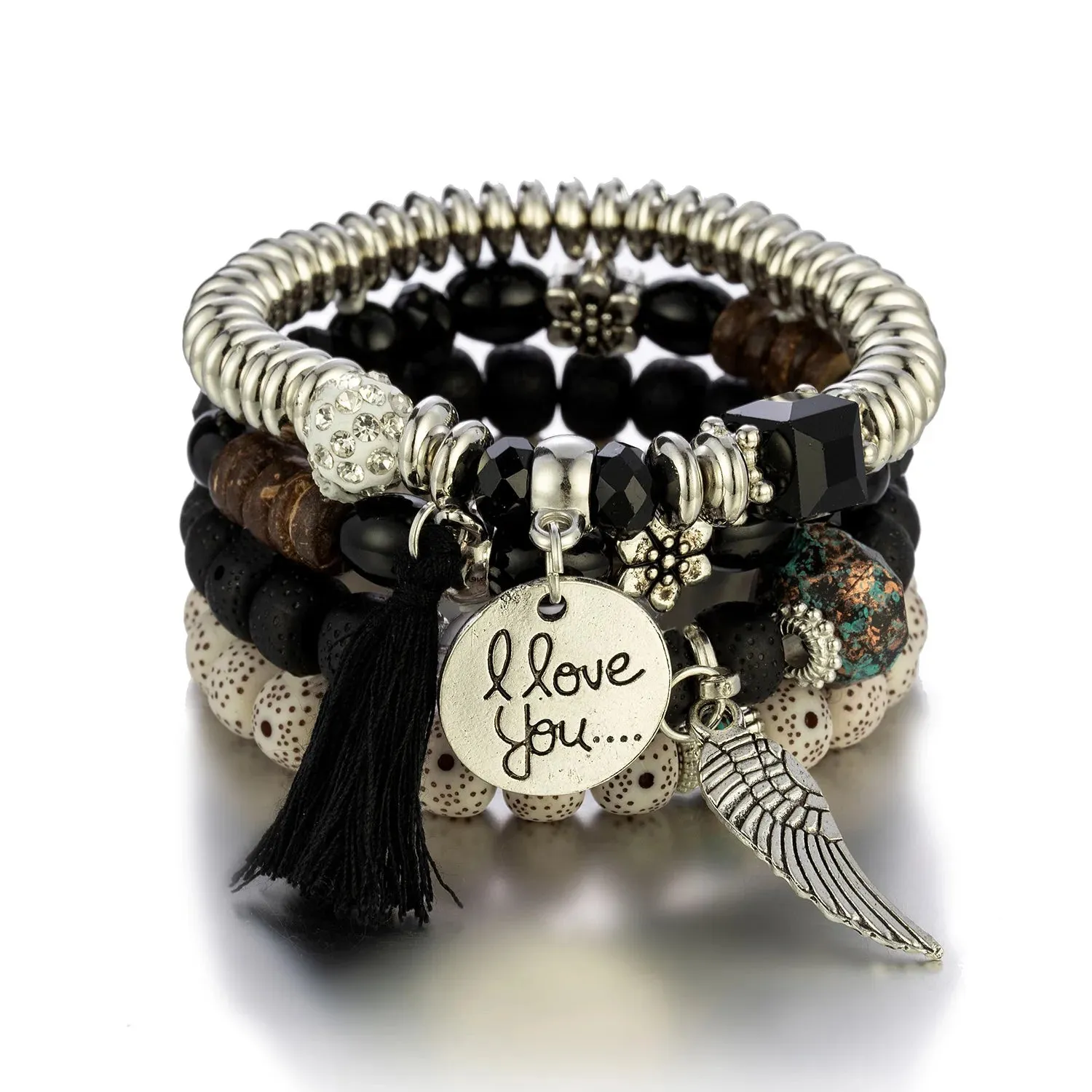 Feather Tassel Stone Beads Bracelet Set for Women