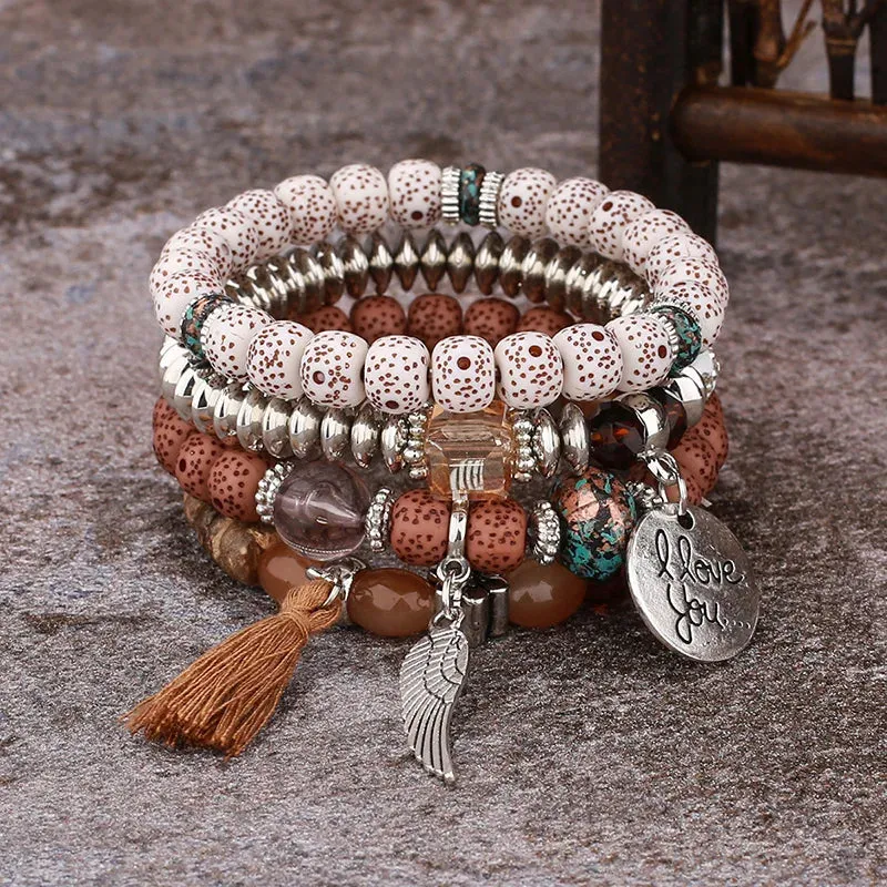 Feather Tassel Stone Beads Bracelet Set for Women