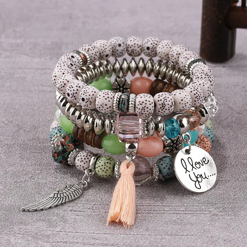 Feather Tassel Stone Beads Bracelet Set for Women