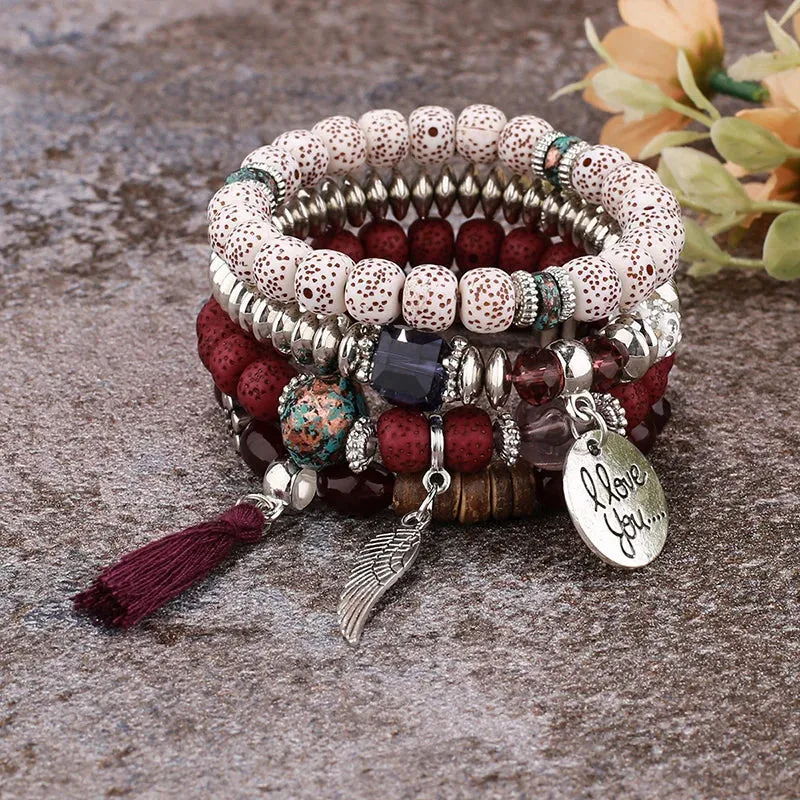 Feather Tassel Stone Beads Bracelet Set for Women