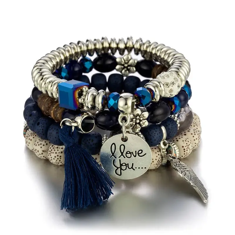 Feather Tassel Stone Beads Bracelet Set for Women