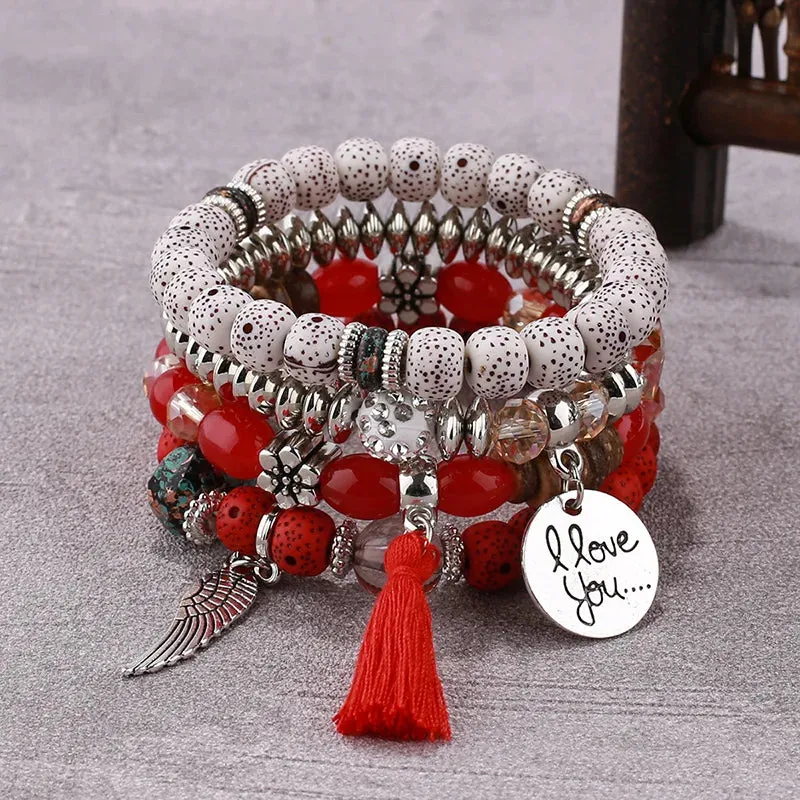 Feather Tassel Stone Beads Bracelet Set for Women