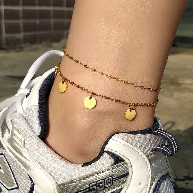 Female Anklets CZ Star Pendant Herringbone Rolo Link Ankle Bracelet