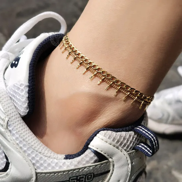 Female Anklets CZ Star Pendant Herringbone Rolo Link Ankle Bracelet