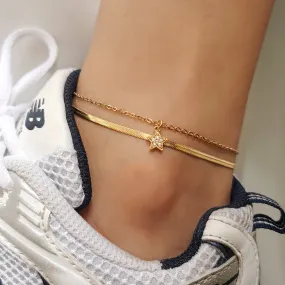 Female Anklets CZ Star Pendant Herringbone Rolo Link Ankle Bracelet