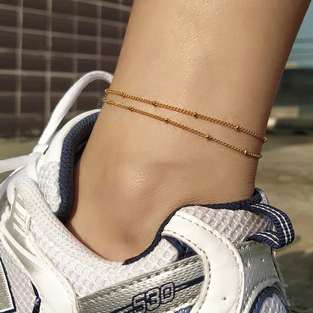 Female Anklets CZ Star Pendant Herringbone Rolo Link Ankle Bracelet