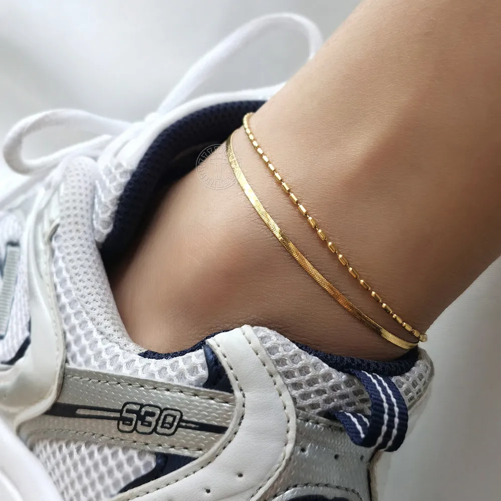Female Anklets CZ Star Pendant Herringbone Rolo Link Ankle Bracelet