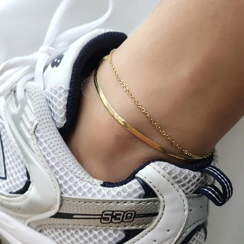 Female Anklets CZ Star Pendant Herringbone Rolo Link Ankle Bracelet