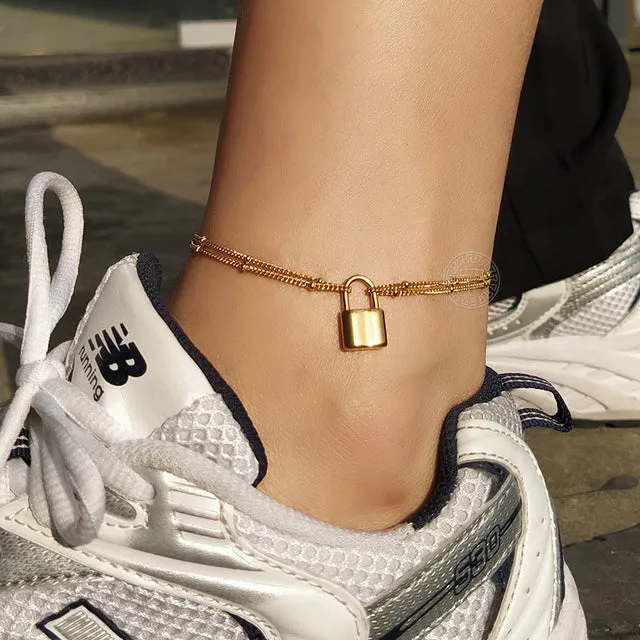 Female Anklets CZ Star Pendant Herringbone Rolo Link Ankle Bracelet